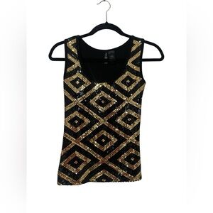 Vintage Bisou Bisou Sequin Tank Top – Gold & Black Geometric